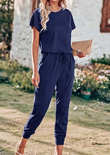 KIRUNDO Jumpsuits for Women Summer 2026 Casual Short Sleeve One Piece Outfits Drawstring Waist Long Pants Romper Jumpers(Navy, Medium) - Thumbnail 4