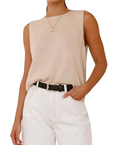 BTFBM Sleeveless Sweater Tops for Women 2026 Crew Neck Lightweight Casual Loose Tank Summer Outfits Fashion Clothing(Light Khaki, Medium) - Image 1