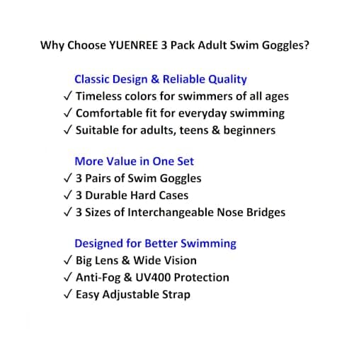 YUENREE 3 Pack Adult Swim Goggles for Men Women Teens Ages 8+ | No Leak Anti-Fog UV Protection | Easy Adjust Non-Slip Strap | with 3 Hard Travel Cases - Thumbnail 3
