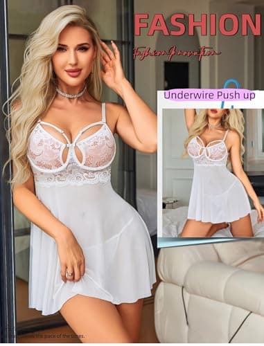 Avidlove White Lingerie for Women V Neck Lace Underwire Bride Lingerie Sexy Push Up Babydoll Dress White L - Thumbnail 3