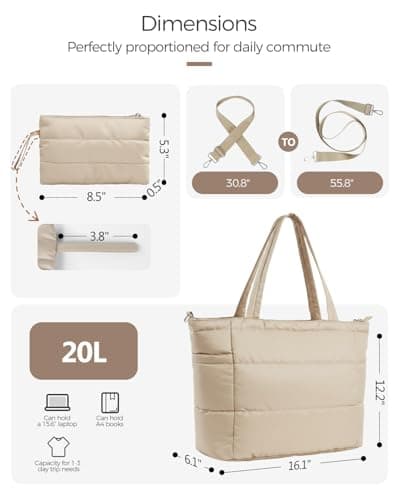 Moyad Puffer Tote Bag for Women, Quilted Work Bags with Compartments, Puffy Handbag for Everyday, Work, Travel, Gym, Khaki - Thumbnail 3