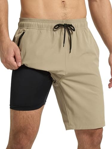 Arcweg Men's Swim Trunks with Compression Liner and Zipper Pockets Quick Dry Bathing Suit Board Swimming Shorts Light Khaki - Image 1