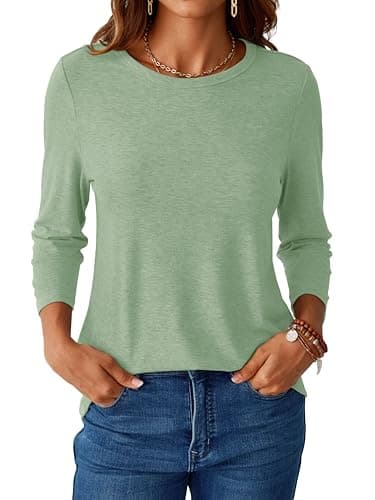 GKBK Womens Tops 3/4 Sleeve Shirts Round Neck Casual Blouses Basic Loose Fit Pullover Tshirts Light_Green L - Image 1