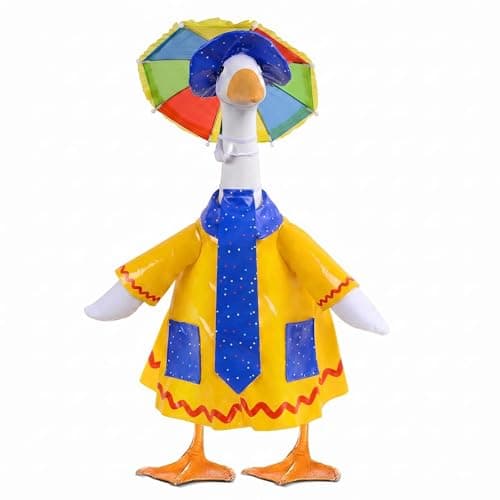 yuboo 23-Inch Porch Goose Raincoat Outfit - Summer Yellow Goose Clothes with Blue Pockets & Red Trim,Rainbow Umbrella Hat, Blue Sun Hat & Polka Dot Tie - Funny Garden Decor for Lawn & Yard - Image 1