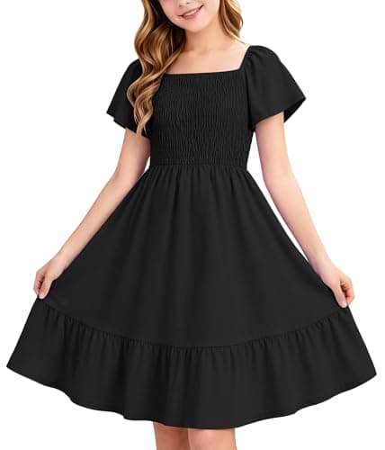 Tween Girl's Summer Short Sleeve Loose Dress Casual Spring Floral Square Neck Midi Dresses 2026 Black 5-6 Years - Image 1