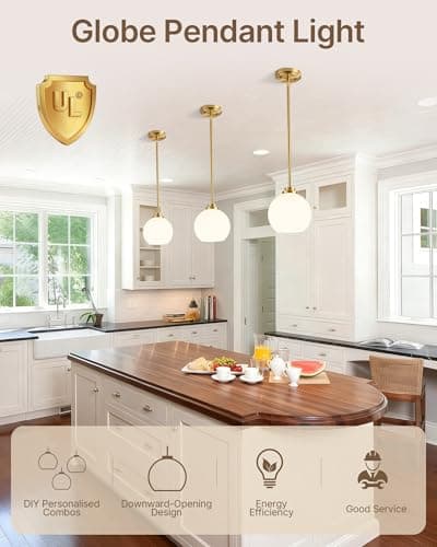 Majade Globe Pendant Lights Mid Century Modern Kitchen Island Pendant Light Fixtures 7.4 Inch Gold Brass Pendant Lighting with Milk Glass Adjustable Hanging Light Fixtures for Dining Room(2 Pack) - Thumbnail 2