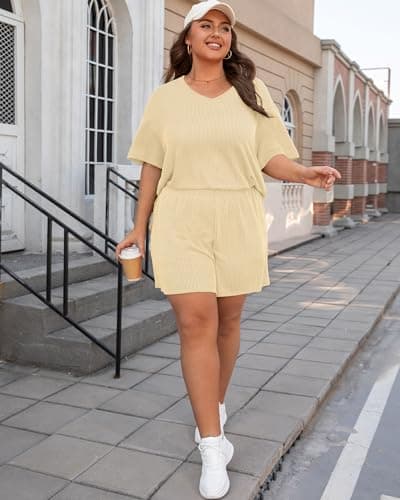 Charmo Short Sets for Women Plus Size Summer Outfits Short Sleeve Tops Elastic Waisted Shorts Matching Pajama Sets Apricot 1X - Thumbnail 6