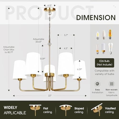 Tadpole Jump Farmhouse Chandelier 5 Lights Chandeliers for Dining Room with White Fabric Shade Rustic Gold Dining Room Light Fixture for Kitchen Bedroom Living Room - Thumbnail 6