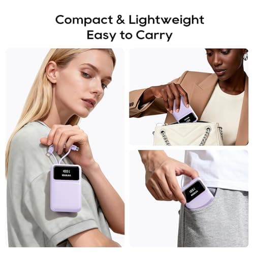 Kuulaa 10000mAh Portable Charger with Built-in USB-C & Lightning Cables, Slim Travel Power Bank with LED Display, 22.5W Fast Charging for iPhone 17/16/15/14/13/12 Android, Purple - Thumbnail 5