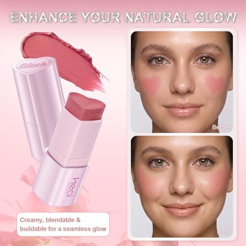 HECI BEAUTY Blush Stick for Cheeks, Korean Blush with Soft Satin Matte Glow, Lightweight Cream-to-Powder Texture, Heart-Shaped Stick Blush, Long-Lasting, SPICY, 0.25 oz - Thumbnail 3