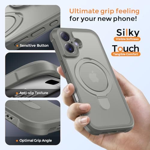 MOCCA Design for iPhone 16 Case with Magnetic Invisible Stand [Full Camera Protection] [Compatible with Magsafe] Military Drop Shockproof Translucent Matte Phone Case Cover 6.1",Titanium Gray - Thumbnail 6