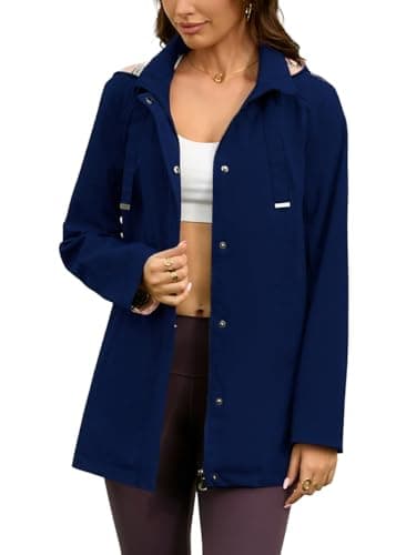 MODERN BUBBLE Womens Long Hooded Rain Jacket Waterproof Outdoor Hiking Raincoat Windbreaker Lightweight Trench Coat (US, Alpha, Medium, Regular, Regular, Deep-Blue) - Image 1