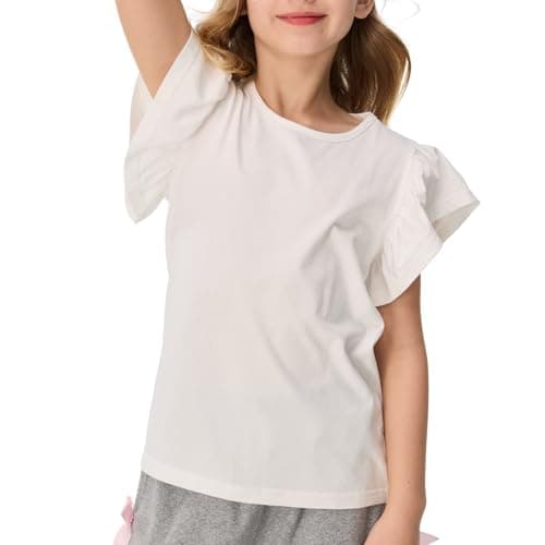 MIANZHI Girls Summer Shirts Kids Striped Ruffle Sleeve T Shirts Crew Neck Casual Tops Cute Short Sleeve Tees 5-14 Years Beige - Image 1