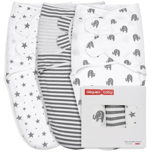 GLLQUEN BABY Newborn Swaddle Blankets for Baby Boy, 3 Pack Baby Swaddles 0-3 Months, Swaddling Sleep Sack, Infant Wrap Swaddle Sack, Elephant & Star & Stripe, Newborn Essentials