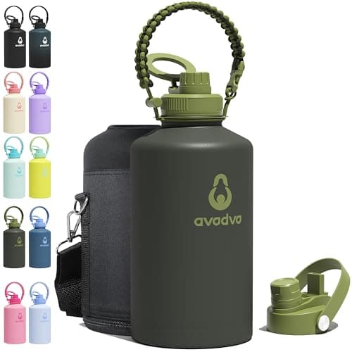 avodvo 1 Gallon Water Bottle with 2 Lids (2-in-1 Straw & Spout Lid, Magnetic Lid), Insulated Water Bottle with Strap, Stainless Steel Water Bottle for Hiking, Gym, Travel, BPA-Free, Army Green - Image 1