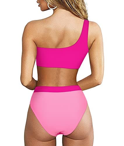 MOOSLOVER Women Cutout One Shoulder High Waisted Bikini High Cut Two Piece Swimsuits(XL,Pink Rose) - Thumbnail 2