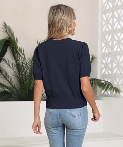 COSSEN Cardigan for Women Trendy Dressy Navy Blue Medium V Neck Bolero Crop Coat Crochet Button Down Short Sleeve Short Tops Open Front Lightweight Jacket Summer Knit Cropped Shrug for Dress - Thumbnail 2