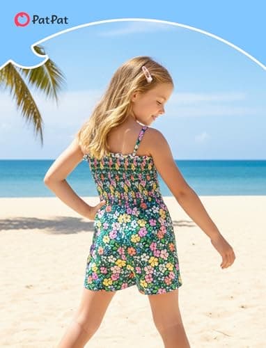 PATPAT Toddler Girl Romper 6T, Black Ditsy Floral Print Adjustable Spaghetti Strap Summer Rompers, Girls Romper 6 Cute Summer Outfits - Thumbnail 4