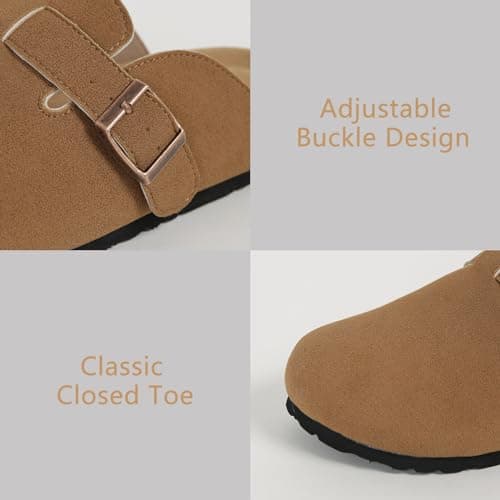 Dumalum Suede Brown Clogs for Women & Men - Comfort Cork Footbed with Arch Support - Adjustable Buckle Mules Slip-On Sandals Unisex Potato Shoes Home Slippers - Thumbnail 4
