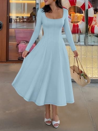 MEROKEETY Women's Fall Dresses 2025 Long Sleeve Square Neck Elegant Classy Winter Cocktail Wedding Guest Midi Dress, LightBlue, Medium - Thumbnail 5