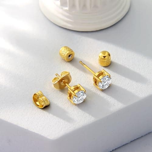Hypoallergenic Threadless Flat Back Earrings,1 Pairs Cartilage Stud for Women Men Titanium Post 20G None Screw Easy Push in Gold Black Silver Stainless Steel Flatback with CZ 3-8mm (Gold Stud, 4mm) - Thumbnail 6