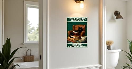 Carastora Cat Vintage Metal Sign - Funny Reading Cat and Coffee Design, Home Decor for Home, Office, Cafe, Bar or Garden Decoration, 8x12 Inch. - Thumbnail 2