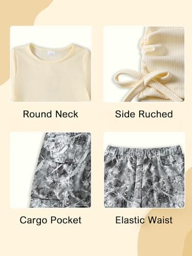 AMAWMW Girls Clothes Summer Outfits Short Sleeve Ruched T-Shirt Tops and Camo Cargo Pants 2Pcs Teen Clothing White 15-16Y - Thumbnail 6