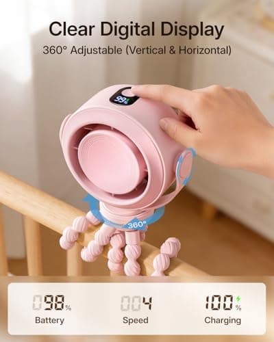 SWEETFULL Portable Stroller Fan, Pinch-Proof Baby Fan, 10H Battery, 5-Speed Quiet Mini Clip on Fan, USB-C Rechargeable with LED Display for Car Seat, Crib & Travel - Pink - Thumbnail 5