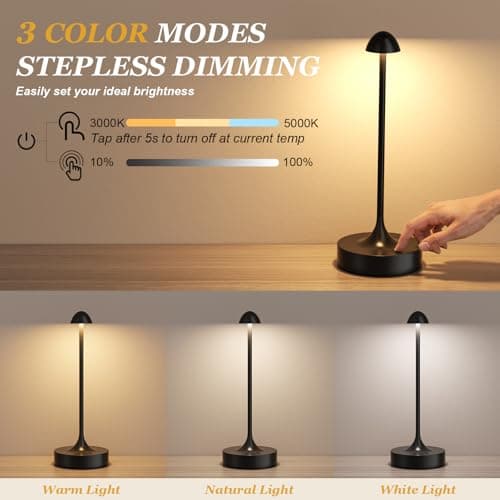 Kakanuo Rechargeable Cordless Table Lamp, Battery Operated Lamps, 3-Color Stepless Dimming, Portable Wireless Desk Lamp, LED Lighting for Dining Room, Restaurant, Office, Bar, Home(Black 2 Pack) - Thumbnail 4