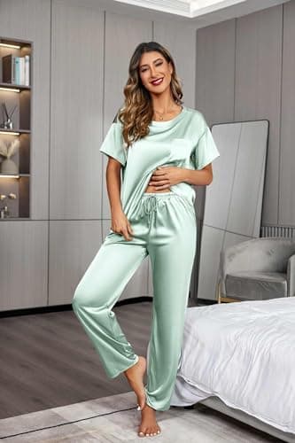 Ekouaer Womens Satin Silky Pajama Set Short Sleeve Shirt with Long Pajama Pant Set Soft PJ Loungewear Aqua Green - Thumbnail 5