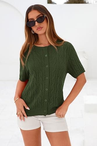 MASCOMODA Women Summer Cable Knit Crochet Cardigan Sweaters Casual Button Short Sleeve Sweater Cute Beach Hollow Out Knit Top(Army Green,Small) - Thumbnail 4