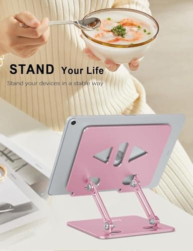 Aoviho Tablet Stand Holder for Desk, Adjustable Aluminum Desk Accessories, Stable Desktop Stand for Office Home,Compatible with iPad Pro Air Mini, Samsung Tablets, Rose Gold - Thumbnail 2