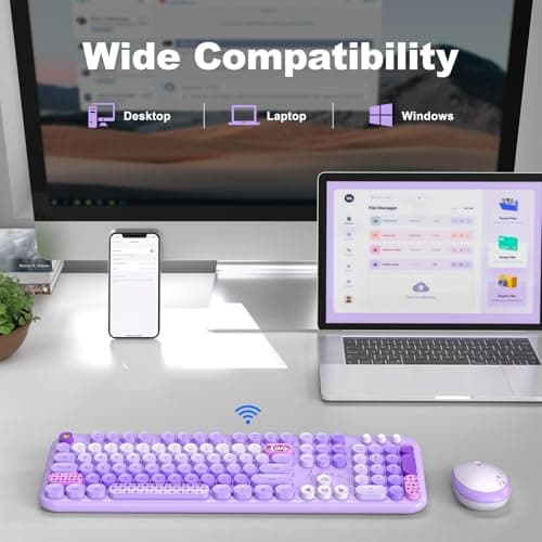 Wireless Keyboard and Mouse, Typewriter Full Size Keyboard with Number Pad and 2 in 1 USB Connected Mouse for Windows 7/8/10, Laptop, Desktop, PC, Computer (Purple Colorful) - Thumbnail 4