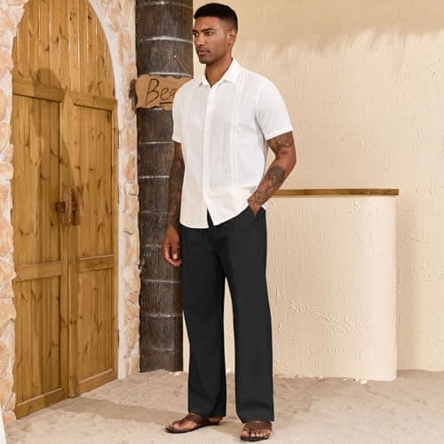 ZAFUL Men's Linen Casual Pants - Elastic Waist Drawstring Lightweight with Pockets for Summer Beach A-Black - Thumbnail 4