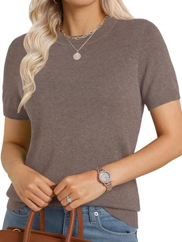 GKBK Short Sleeve Sweaters for Women Wool Blend Crew Neck Knit Pullover Lightweight Business Casual Summer Sweater Top 2026 FAL Fashion Outfits Coffee - Image 1