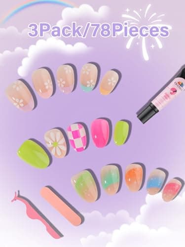 78 Pieces Press on Nails for Kids, EBANKU 3 Pack Kid Fake Nail Kit Old Colorful Flower Press on Nails for Girls 8-12 Years with Jelly Nail Adhesives & Nail Builder Glue - Thumbnail 5