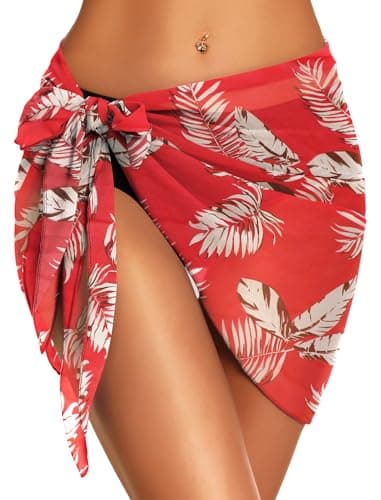Swimsuit Coverups for Women Sarong Beach Bikini Wrap Sheer Short Skirt Chiffon Scarf for Swimwear (Leaf Red,XL) - Image 1