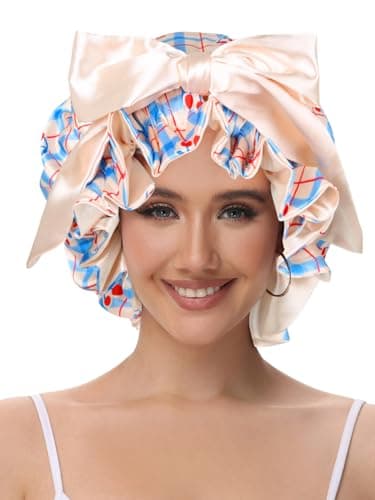 Vettres Cute Adjustable Silk Bonnet for Sleeping Double Layer Satin Cap Hair Sleep Bonnet for Curly Hair Cherry Blue - Thumbnail 2