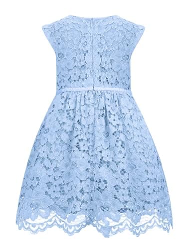 ALLOVIN Girls & Toddlers Sleeveless A-Line Lace Party Dress Birthday Wedding & Flower Girl Dress with Beaded Bowknot | Blue | 2T - Thumbnail 4