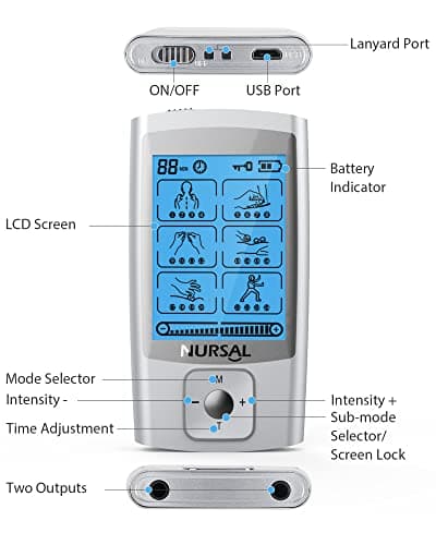 NURSAL 24 Modes TENS Unit Muscle Stimulator with Continuous Stimulation, Rechargeable Electronic Pulse Massager with 8 Pads for Back and Shoulder Pain Relief and Muscle Strength (Silver) - Thumbnail 5