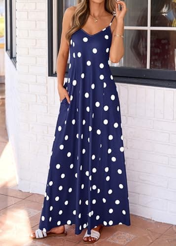 KIRUNDO Polka Dot Dress for Women Summer 2026 Sleeveless Spaghetti Strap Beach Vacation Cruise Boho Long Flowy Maxi Dresses(Navy, X-Large) - Thumbnail 5
