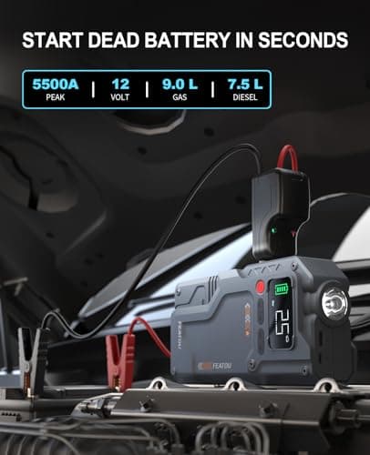 Featou Jump Starter with Air Compressor, 5 in 1 Functional Jump Box 5500A Peak Power Pack with 150PSI Digital Tire Inflator, Portable Car Charger Jumper for 9.0L Gas or 7.5L Diesel - Thumbnail 2