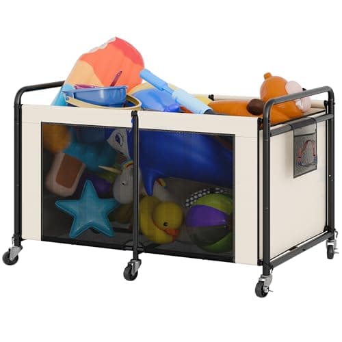 StorageWorks 210 Gallon Pool Float Storage, Mesh Pool Toy Storage Bin with Wheel and Side Pockets, Large Swimming Organizer, Outdoor Noodles Holder, Beige