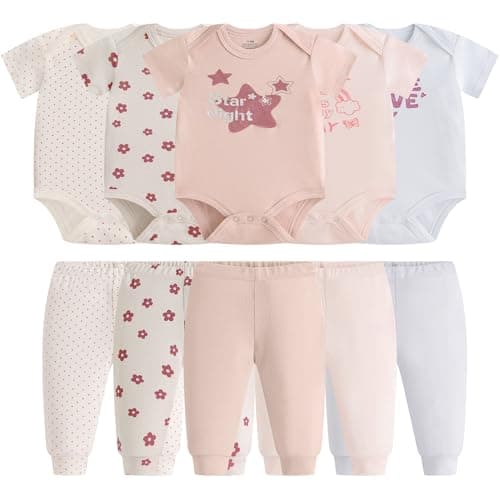 MEYSAHO Baby Newborn Layette 10-Piece Set Cotton Bodysuits Short Sleeve Pants Sets Rainbow Stars Printed for Baby Boys Girls Clothes Unisex Baby Gift Sets for 0 3 Months - Image 1