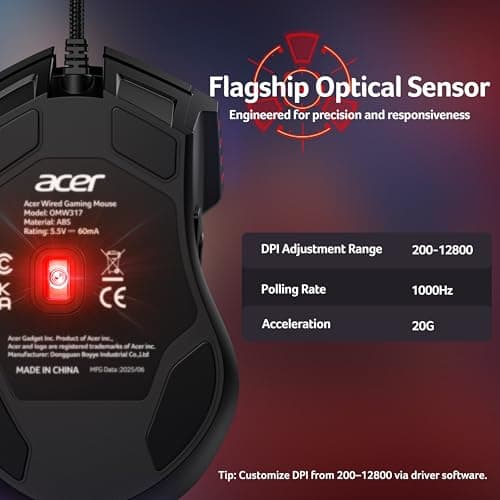 acer Wired Gaming Mouse, 12,800 DPI RGB Ergonomic Computer Mouse with Optical Sensor, 8 Programmable Buttons, 12 Backlit Modes, Software for DIY Keybinds, Rapid Fire, USB Gaming Mice for Laptop, PC - Thumbnail 4