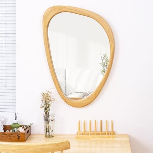FRUMENSHIP Irregular Wall Mirror, 20 x 30in Wooden Frame Asymmetrical Mirror, Large Home Decor Wall Mirrors, Hanging Vertically and Horizontally, for Bathroom, Living Room, Entryway (Natural Colour) - Image 1
