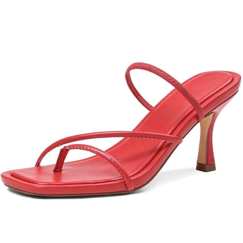 COMFITORIA Kitten Heel Sandals for Women Square Open Toe Flip Flop Heels Sandals Strappy 3 Inch Thong Low Heels Summer Fashion Beach Vacation Dress Shoes,Red,Size 7.5 - Image 1