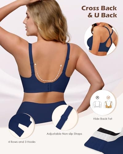 As Fairy Womens Soft Comfortable No Underwire Bras V Neck Seamless Push Up Bralettes Full Coverage Tshirt Brassiere Navy Blue 32D - Thumbnail 4