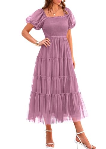 PRETTYGARDEN Women's Smocked Midi Tulle Dress 2026 Summer Puffy Short Sleeve Square Neck Ruffle Wedding Guest Party Dresses (Grey Purple,XX-Large) - Image 1