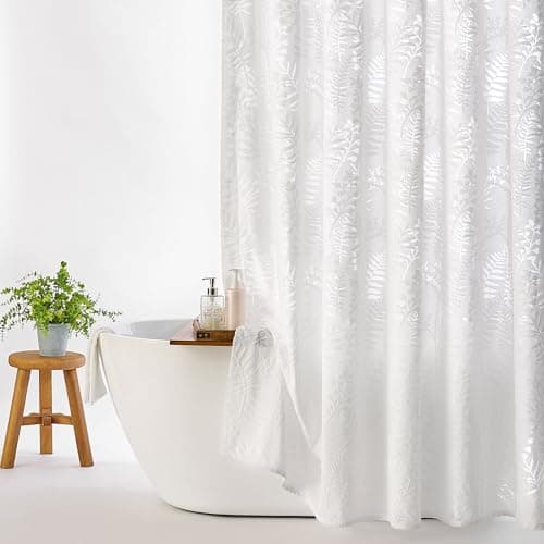 Lameirose White Shower Curtain Lace Shower Curtain Sheer Tufted Tropical Plant Textured Shower Curtains, Shabby Chic Home Decor for Bathroom 72 x 72 - Image 1